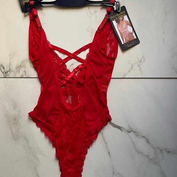 Red Deep Plunge Lace Teddy - Picture 9 of 12